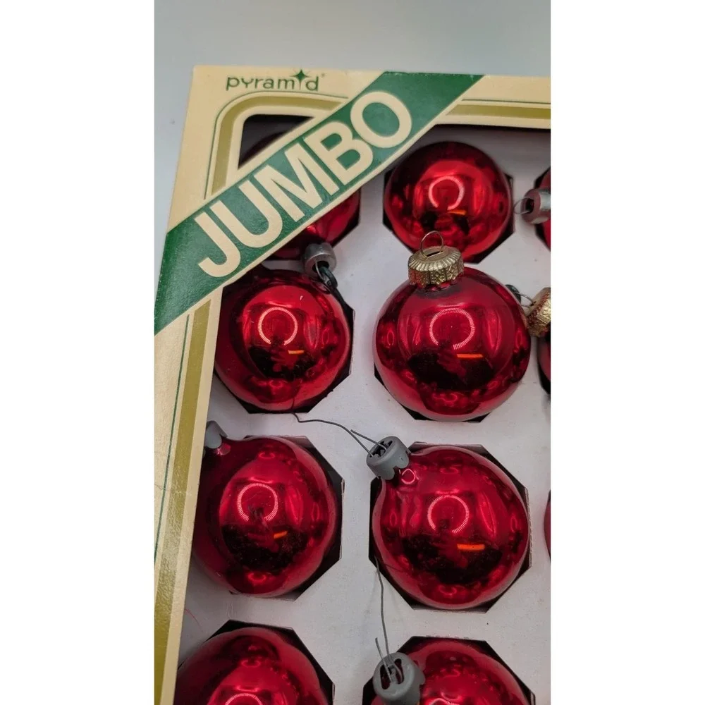 Vtg Box 15 Red Glass Pyramid Christmas‎ Tree Ornaments Boxed 2 Inch Retro USA